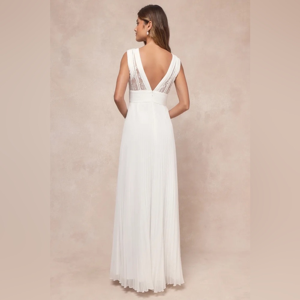 Lulus Gorgeous Forever Ivory Chiffon Lace Pleated Backless Maxi Dress - Picture 2 of 8